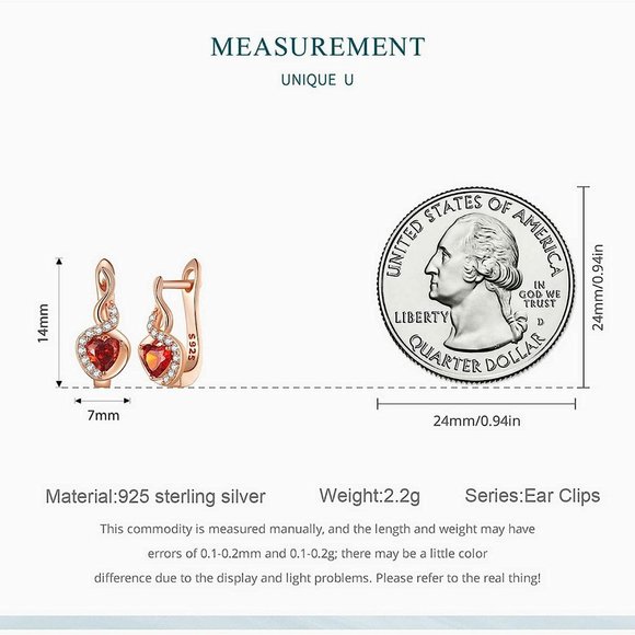 Rose Gold Plated Heart Stud Earrings Red Cubic Zirconia Stone Hoop Stud Dangle - Picture 5 of 5